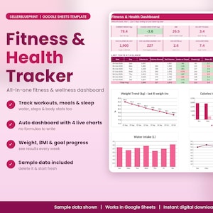 Könnte beinhalten: Eine Google Sheets-Vorlage für einen Fitness- und Gesundheits-Tracker mit einem rosa-weißen Dashboard, das Datentabellen, Liniendiagramme für den Gewichtsverlauf sowie Balkendiagramme für Kalorien, Wasseraufnahme und Schlafmetriken enthält.