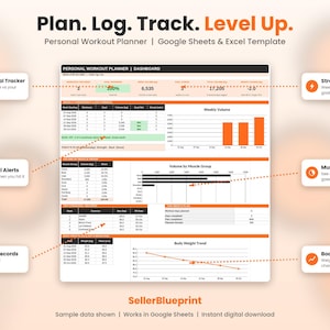 Könnte beinhalten: Eine digitale Vorlage für einen persönlichen Trainingsplaner für Google Sheets und Excel. Das Dashboard enthält einen wöchentlichen Ziel-Tracker, einen Streak-Zähler, intelligente Ziel-Alarme, Muskelbilanz-Diagramme und eine Gewichtstrend-Grafik.