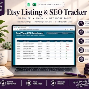 Könnte beinhalten: Eine digitale Etsy Listing & SEO Tracker Tabelle auf einem Laptop-Bildschirm, die ein Echtzeit-KPI-Dashboard mit Spalten für SKU, Produktname, Kategorie, Standort, Bestand, Nachbestellung und Status sowie Symbole für Recherche und Tracking zeigt.