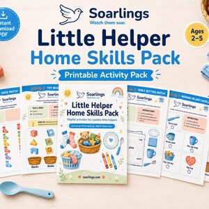 以下が含まれることがあります： 2〜5歳向けの「Little Helper Home Skills Pack」というタイトルの、印刷可能な子供向けアクティビティパック。靴下合わせやテーブルセッティングなど、おもちゃや家庭用品のイラストが描かれた、さまざまな教育活動が含まれています。「Instant Download PDF」の文字が見えます。