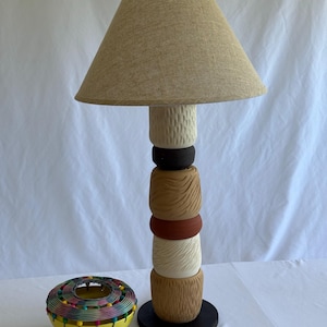 Handmade Ceramic • Stacked Pottery Lamp • Natural Clay with Linen Shade  • Modern Artisan Lighting for Home Decor