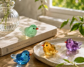 Handmade Glass Bird Figurine Set, Hand Blown Mini Glass Bird and Floral Figurine for Bird Lovers, Colorful Glass Bird Decor, Gift for Her