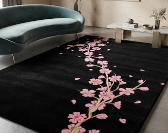 Handmade Black Pink Floral Wool Rug, Cherry Blossom Hand Tufted Area Carpet