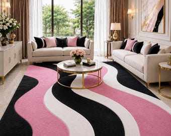 Pink Black White Abstract Wave Hand Tufted Rug, Modern Luxury Carpet