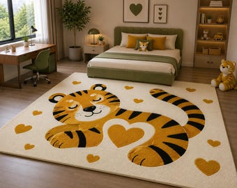 Handgetufteter Wollteppich mit Tigermotiv, Kinderzimmerdeko, Tierteppich für Kinder