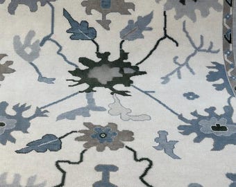 Handgeknüpfter Oushak Teppich, Blauer Handgeknüpfter Wollteppich, Vintage Türkischer Teppich