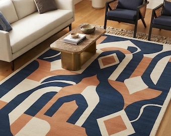 Marokkanischer Wollteppich, handgeknüpfter Berberteppich, abstrakter geometrischer marokkanischer Teppich, Marineblau, Terrakotta, Elfenbein
