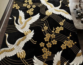 Hand Tufted Wool Crane Floral Rug, Japanese Oriental Black Gold Carpet