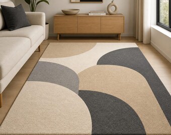 Handgetufteter geometrischer Teppich | Beige-Grau-Creme abstrakter Wohnzimmerteppich