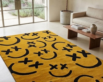 Handmade Mustard Yellow Black Smiley Face Wool Rug, Modern Abstract Area Rug