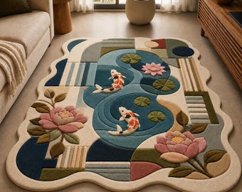 Hand-Tufted Wool Koi Fish Pond Rug – Floral Geometric Scalloped Edge Area Carpet