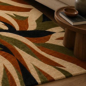 Hand Tufted Wool Abstract Rug, Olive Green Beige Rust Black, Modern Cut Pile Carpet image 4
