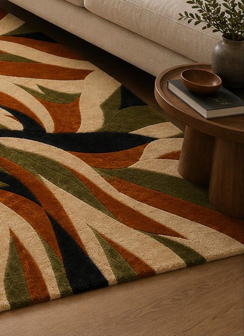 Hand Tufted Wool Abstract Rug, Olive Green Beige Rust Black, Modern Cut Pile Carpet image 4