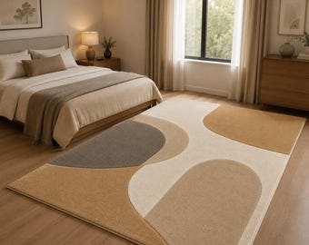 Zeitgenössischer geometrischer Luxusteppich - Handgefertigter Schnittflorteppich in Beige, Creme & Mokka