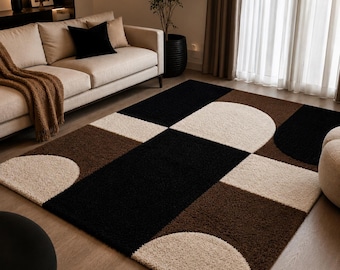 Handgetufteter geometrischer Wollteppich, moderner Wohnzimmerteppich in Schwarz, Braun und Creme