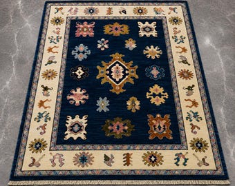 Handgeknüpfter marineblauer Oushak-Wollteppich, Ethno-Boho-Wohnzimmerteppich