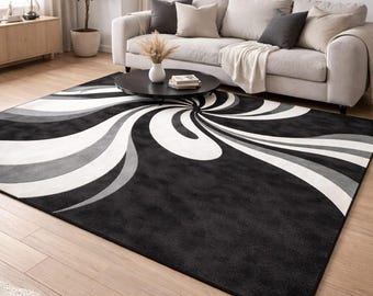 Handgeknüpfter Wollteppich, modernes abstraktes Spiralmuster, schwarz-weiß-grauer Teppich