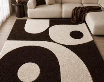 Handgetufteter Wollteppich mit abstraktem geometrischem Muster – Braun/Elfenbein, geschnittener Flor