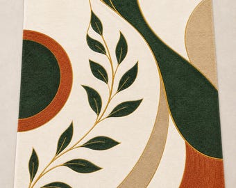 Handgetufteter Teppich mit botanischem Abstraktum, moderner Wohnzimmerteppich, Grün Beige Elfenbein Schnittflor
