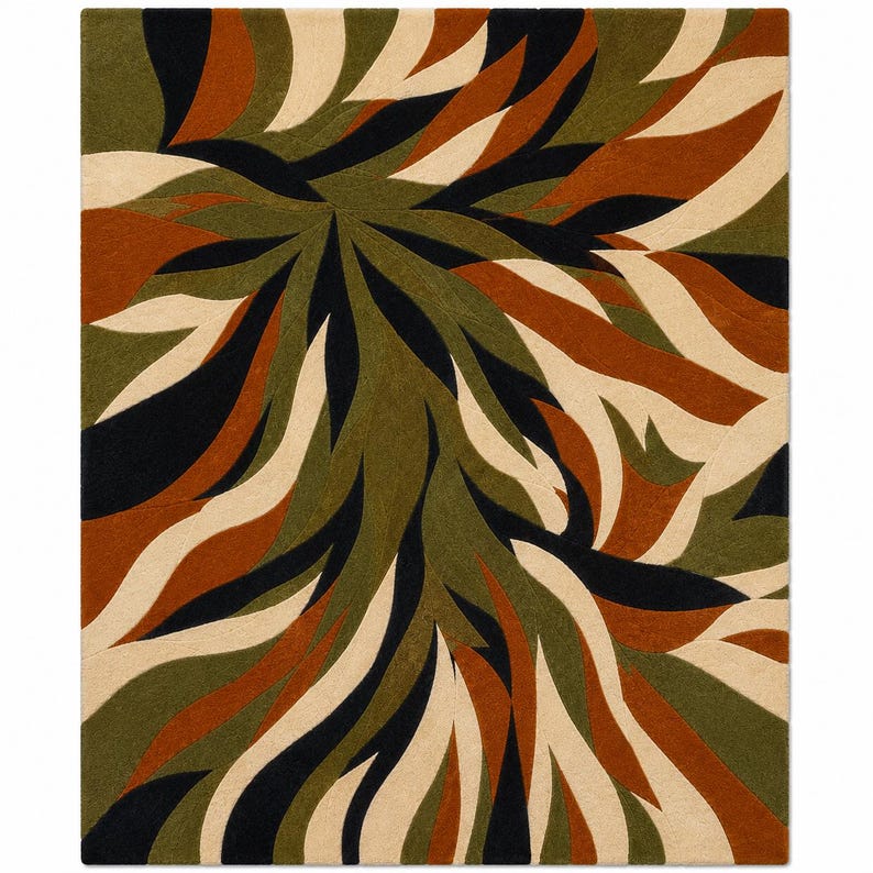 May include: A rectangular area rug featuring a dynamic, swirling pattern of organic, leaf-like shapes. The design incorporates a color palette of olive green, burnt orange, cream, and black, arranged in a flowing, radiating composition.