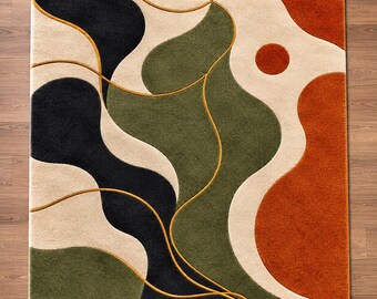 Handgetufteter Wollteppich, abstrakter geometrischer Schnittflorteppich, moderner Wohnzimmerteppich