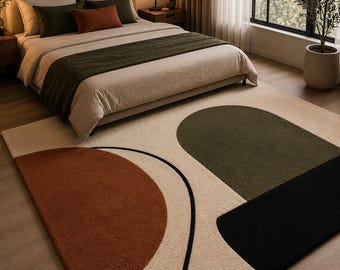 Hand Tufted Abstract Geometric Area Rug – Ivory, Rust Brown, Olive Green Cut Pile