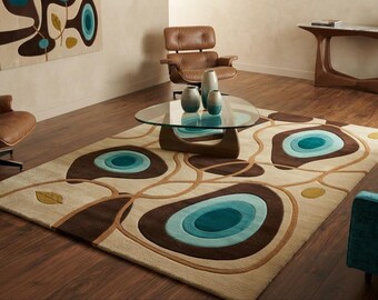 Abstract Hand Tufted Wool Rug, Mid Century Modern Area Rug, Geometric Living Room Carpet, Handmade Retro Wool Rug