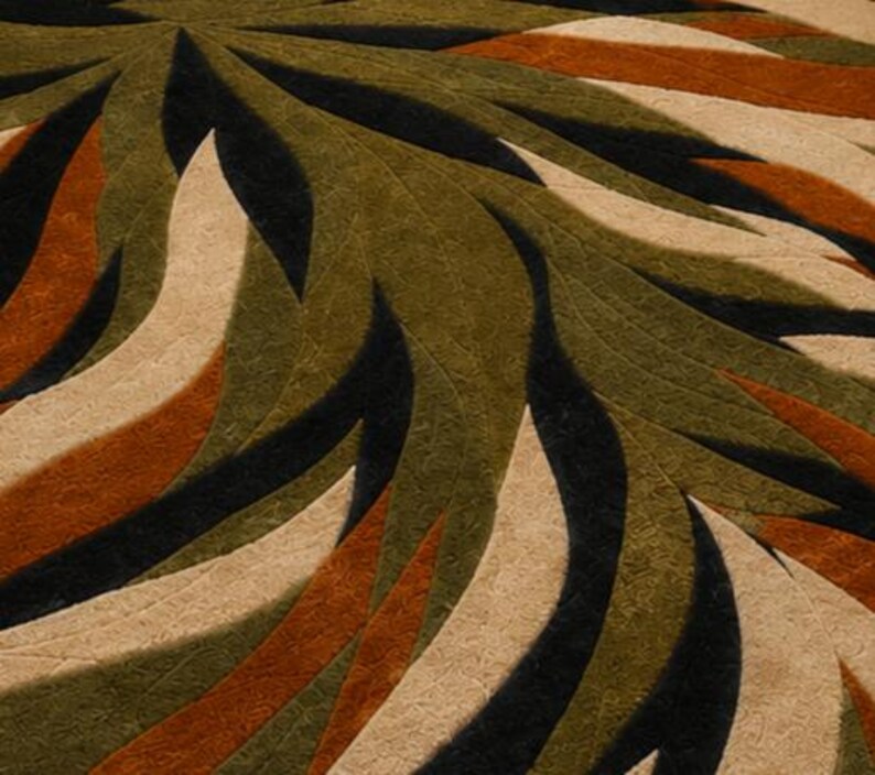 May include: A textured rug featuring a radial pattern of curved, leaf-like shapes in shades of olive green, burnt orange, cream, and black. The surface displays a consistent, intricate embossed swirl design across all colored segments.
