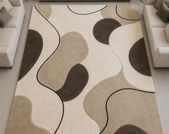 Handgetufteter abstrakter Wollteppich, modernes Beige-Creme-Braun, luxuriöser Wohnzimmerteppich