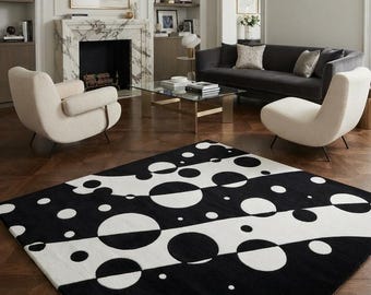 Handgeknüpfter Wollteppich mit abstraktem geometrischem Muster, schwarz-weißen Kreisen, moderner Wohnzimmerteppich