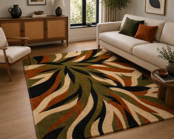 Hand Tufted Wool Abstract Rug, Olive Green Beige Rust Black, Modern Cut Pile Carpet