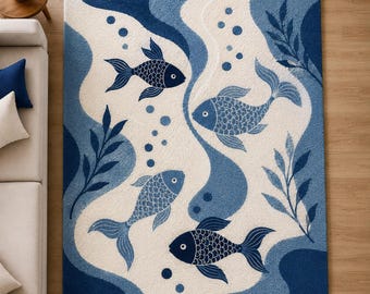 Handgeknüpfter Fischteppich, Ozeanblauer Teppich, Moderner Küstenwollteppich, Schnittflorteppich, Wohn- und Schlafzimmerdekoration, Teppich in Sondergröße