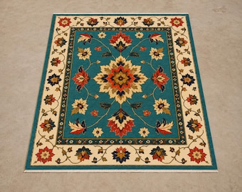 Handgeknüpfter Oushak-Teppich, türkisfarbener Wollteppich mit Blumenmuster, orientalische Wohnzimmerdekoration