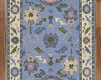 Handgeknüpfter Oushak-Teppich, blauer türkischer Wollteppich, Vintage-Blumenmuster-Teppich