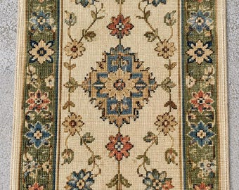 Handgeknüpfter Oushak-Teppich, Vintage-Wollteppich mit Blumenmuster, Beige-Blau, traditionelle Boho-Dekoration