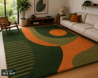 Handgetufteter Wollteppich, moderner geometrisch-abstrakter Teppich, grün-orangener Wohnzimmerteppich
