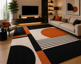 Handgetufteter geometrischer Teppich, moderner abstrakter Teppich, Schwarz, Orange, Elfenbein