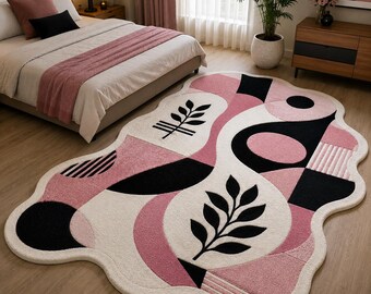 Handgetufteter abstrakter Wollteppich | Rosa, Schwarz, Creme, unregelmäßige Form