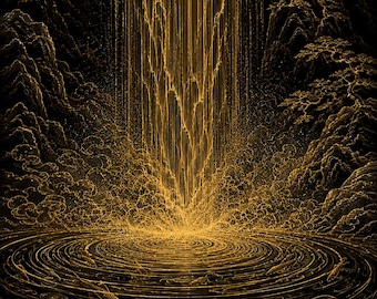Korean Sacred Waterfall Gold Art Print | Sipjangsaeng Water | Dark Academia | Digital Download