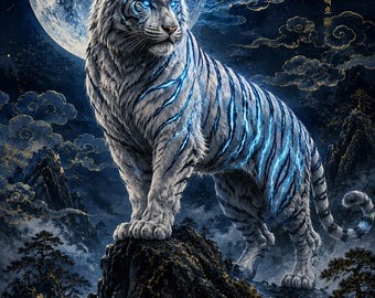 Korean White Tiger Art Print | Baekho Blue Moon Mythology Poster (Digital Download)
