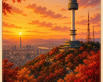 Seoul Tower Autumn Sunset Art Print | N Korea Travel Poster (Digital Download)