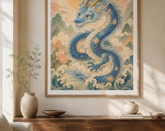 Korean Blue Dragon Art Print | Minhwa Folk Painting, Celestial Wall Art (Digital Download)