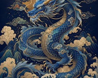 Korean Azure Dragon Art Print – Dark Navy Gold Mythological Guardian