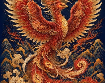 Korean Phoenix Art Print – Dark Navy Gold Bonghwang Vermilion Bird