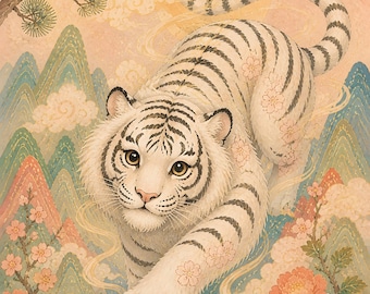 Baekho White Tiger Art Print, Korean Four Guardians Wall Art, Minhwa Inspired Poster Digital Download