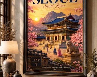 Seoul South Korea Travel Poster — Gyeongbokgung Palace Cherry Blossom Wall Art Print