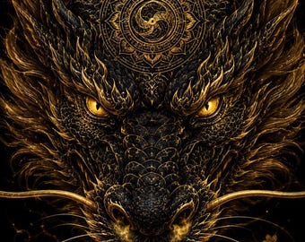 Korean Azure Dragon Art Print | Black Gold Mythology Wall Decor (Digital Download)