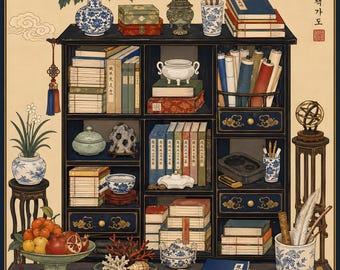 Chaekgado Korean Art Print, Traditional Joseon Bookshelf Wall Art, Digital Download, Printable Poster