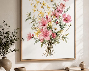 Spring Wildflower Bouquet Watercolor Print | Forsythia, Cosmos, Azalea Botanical Art (Digital Download)