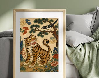 Korean Minhwa Tiger Magpie Print | Lucky Guardian Folk Art Poster